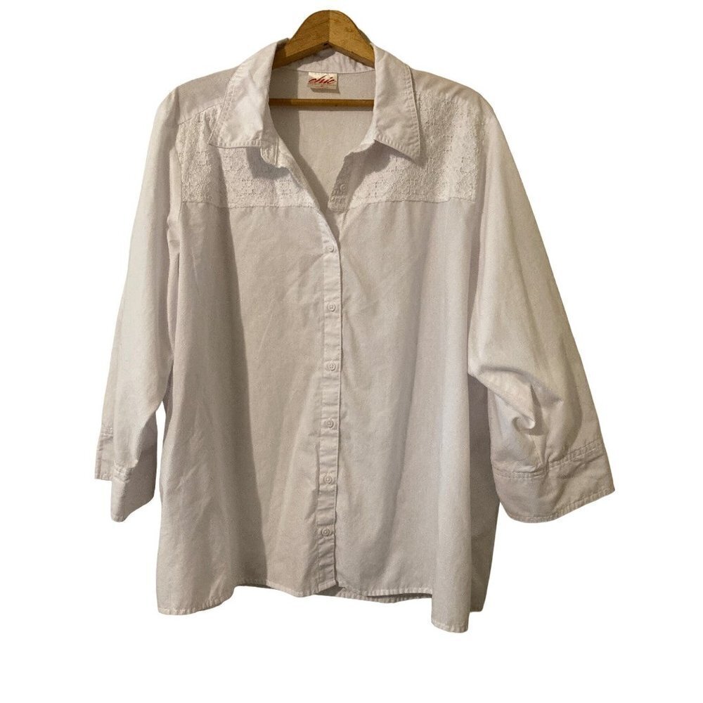 Chic Comfort Collection Womens White Cotton Blend Button Down Eyelet Shirt 2X